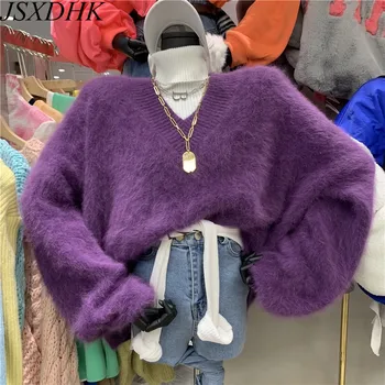 JSXDHK de Înaltă Calitate Femei Violet Sexy V Gât Pulover de Mohair coreean Chic Toamna Iarna Tricotate Cald Gros Moale Liber Pulovere