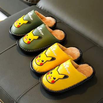 Kawaii Pikachud Papuci Copii Anime Pokemon Plush Bumbac rezistent la apa, Papuci de casă Iarna Cald de Interior Non-alunecare Pantofi pentru Copii Cadouri