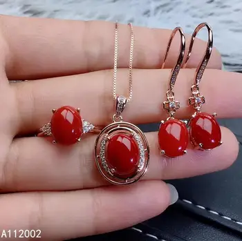 KJJEAXCMY bijuterii fine natural de coral roșu 925 de argint sterlină femei cercei pandantiv set inel de susținere test la modă de lux