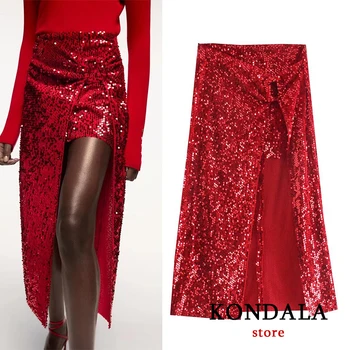 KONDALA Za 2022 Vintage Red Paiete Sexy Petrecere Midi Fuste Femei cu Talie Înaltă Față Split Fuste Elegante Mujer Faldas