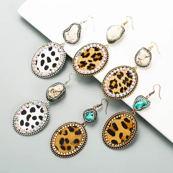 La modă Vintage Oval Piele de Leopard Partea Pasta de Mici AB Cristal Piatră de Natură Legăna Cercei Pentru Femei Moda Bijuterii