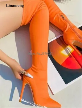 Linamong Moda Toc Subțire de Over -- Genunchi Cizme Sexy Degetul Ascutit Portocaliu Rosu Roz Slim Stil Stiletto Toc Cizme Lungi Tocuri de Partid