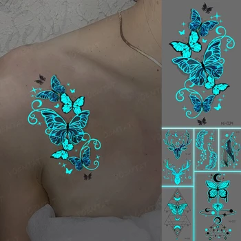Luminoase Autocolante Tatuaj Pe Gât Temporară Tatuaj Sclipici Pentru Adulți Copii Fluture Floare Umăr Sexy Corp Tato Verde Albastru Strălucire