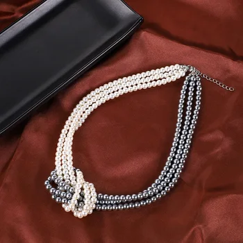 Mare Nod de Moda Imitație Perla Cravată Colier pentru Femei cu Margele Straturi Pearl Colier Trendy Bijuterii