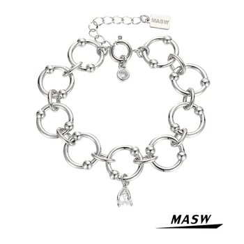 MASW Design Original Rotund Cerc de Mână Brățară Singur Strat de Metal Alama Placat cu Argint Femei Brățară de Partid Cadouri Bijuterii