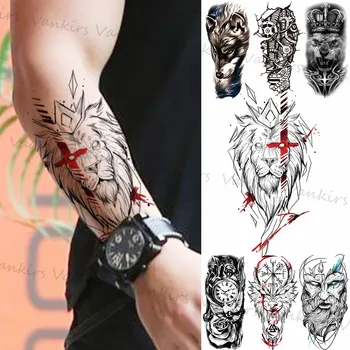 Militar Leu Geometrice Tatuaje Temporare Pentru Bărbați, Băieți Realist Lup Urs Busola De Flori Autocolant Tatuaj Fals Braț Picior Tatuaje