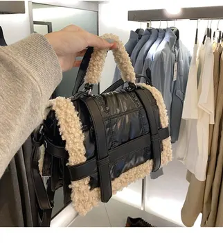 Moda Blană geanta femei jumbo capacitate recipienti din plastic geanta neagra din piele pu de Umar Messenger blana de oaie sac 2020 iarna noi deisgner
