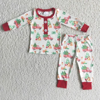 Moda Copii O-Gât Design Cu Maneci Lungi Set De Pijama Băiat Și Fete Pom De Crăciun De Imprimare Tinuta Cu Buton