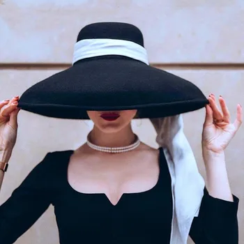 moda streetstyle negru margine largă lână pălărie găleată de sex feminin epocă de mare palaria pentru femei se pare ca Audrey Hepburn