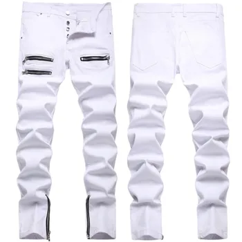 Moda Streetwear Mens White Stretch Denim Blugi Barbati Cu Fermoar Decor Picioarele Slim Casual Motociclist Pantaloni Din Denim Placket Buton Blugi