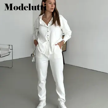Modelutti 2022 Noua Moda Toamna Talie Mare Elastic Talie Pantaloni Set Femei Vrac Solid De Culoare Simplu Casual, Funduri Sex Feminin Chic