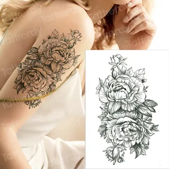 Negru floare mare tatuaj Body Art rezistent la apa Temporar Sexy braț, coapsă tatuaje Pentru Femei Flash Autocolante Tatuaj trandafir bujor ochi fata