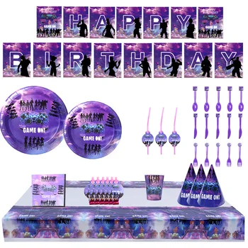 Noi Fortnite Joc Petrecere cu Tema Decoratiuni pentru Baieti Cifrele de Acțiune Violet Balon Banner Tort Fân Tacamuri de unica folosinta Set