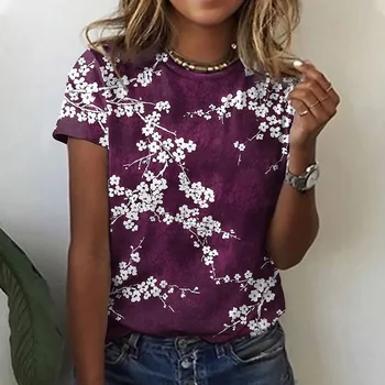 Noua Temă Florală Tricou Rotund Gat Regular Maneca Scurta Bluza de Vară de Moda de zi cu Zi Casual Uzura Femeilor