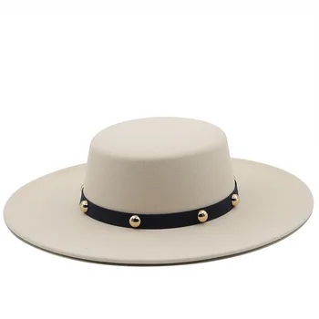 Noul Design Margine Largă Flat Top Lână Simțit Pălării Fedora Pentru Femei Culoare Solidă De Moda Lager Refuz Band Muzica De Petrecere Nunta La Biserica Capac