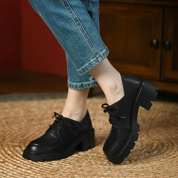 Nouă Primăvară 2022 Din Piele Femei Pantofi Casual Tocuri Inalte Pantofi Platforma Rotund Toe Pantofi De Femeie Oxfords Zapatos De Mujer