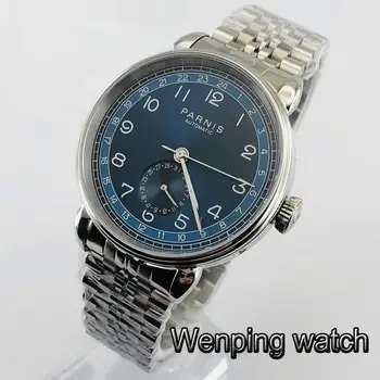 Parnis 42mm caz de argint cadran albastru GMT arabe marca data fereastră solide din oțel inoxidabil mens top afaceri automat mechanical ceas