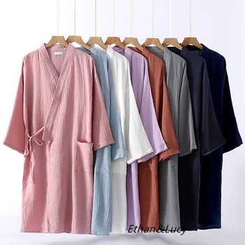 Patru Anotimpuri Bumbac Halate pentru Cupluri Culoare Solidă cămașă de noapte Bărbații și Femeile Mid-lungime Kimono-Halat de baie Acasă Rochie de Noapte