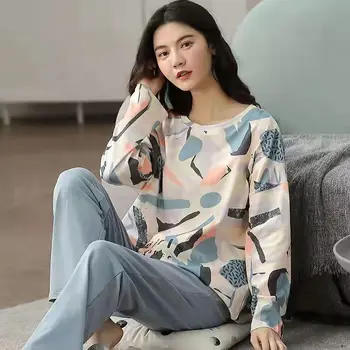 Pijamale de bumbac pentru Femei Stil coreean cu mâneci Lungi Homewear Costum Liber de Mari Dimensiuni din Două piese Set Pijama de Bumbac