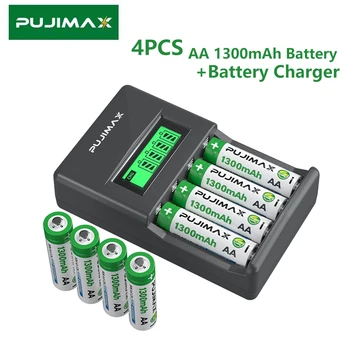 PUJIMAX AA Încărcător de Baterie Și 4BUC 1300mAh Baterii AA Reîncărcabile Seturi Smart Display LCD Pentru 1.2 V AA/AAA Ni-MH/Ni-Cd Baterie