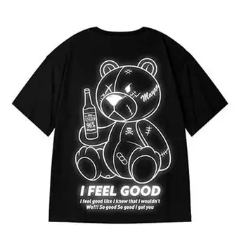 Reflectorizante Supradimensionat tricouri Ursul Print T Shirt Jumătate de Bumbac cu Maneci Barbati Top Teuri Streetwear Vara Hip Hop Haine en-gros