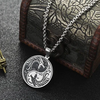 Retro Clasic Tradițională Chineză Yin Yang Double Dragon din Oțel Inoxidabil Pandantiv Colier pentru Bărbați Personalitate Amuleta de Bijuterii Cadou