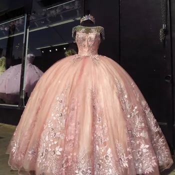 Rochii Quinceanera Cu Aplicatii de Dantela Roz Rochie de Bal Conservatie de Pe Umăr 15 ani rochie Sweet 16 Rochii de Bal 2023