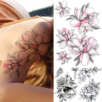 Roz Floare De Lotus Tatuaje Temporare Pentru Femei Adulți Triunghi Negru Ochi A Crescut Autocolant Tatuaj Fals Anemone, Orhidee Tatuaje Coapsei