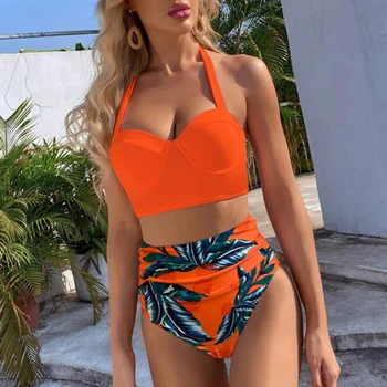 Sexy Talie Mare De Imprimare Femei Bikini De Costume De Baie De Vară 2021 Feminin Bandaj Costume De Baie Bikini Set Push-Up De Vară Halter Beachwear Se Potriveste