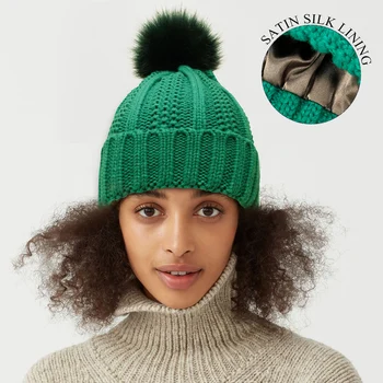 Silk Satin Căptușite Capace de Iarna Femei Tricot Pălării Beanie Faux Pompom Blană Pălării pentru Fete