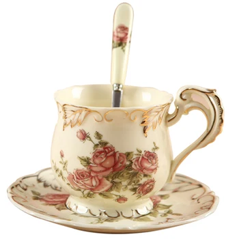 Stil European Set de Ceai din Ceramica Crescut Ceașcă de Cafea Costum Stil Britanic de Înaltă Calitate de Fildeș China Cană Cafea Și Farfurie cu Lingura
