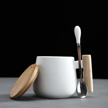 Stil Nordic Alb Negru Grăsime Organism Cana de Cafea cu Maner de Lemn si o Lingura Stil Modern de Birou Apa, Lapte Băuturi Cani Ceramice