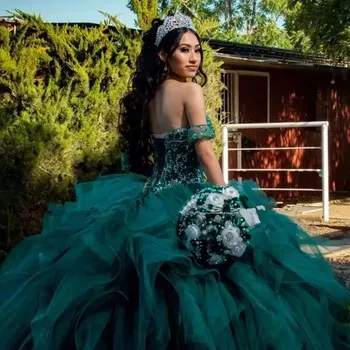 Superba de Verde Smarald Quinceanera Rochii de Cristal Margele Rochie de Bal Mexican Fete Sweet 16 Rochie Volane vestidos de 15 ani