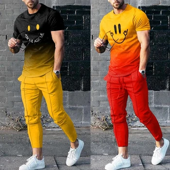 Toamna Casual Barbati Trening 2 Piese Set Jogger Haine Smiley 3D Imprimate Maneci Scurte Costum Tricouri+Pantaloni Tinute Streetwear