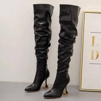 Toamna Iarna pentru femei Cizme pentru Femei PU 10CM Subțire Tocuri Ascuțite Toe Fermoar Moda Solid Stil Britanic Street Style Pantofi Pentru Femei