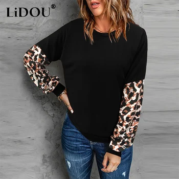 Toamna Iarna Vintage Leopard Mozaic Liber Casual T-shirt Femei de Toate-meci Pulover Doamnelor Confortabil Tee de Îmbrăcăminte pentru Femei