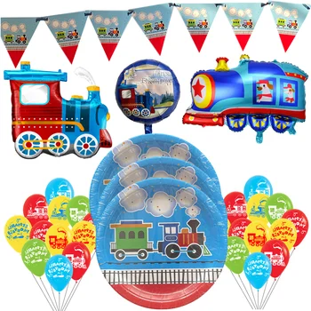 Tren de Ziua de nastere Decoratiuni Masini Tacamuri pentru Toată lumea la Bord cale Ferată de Unică folosință Farfurii de Hârtie Tren Balon de Folie Consumabile
