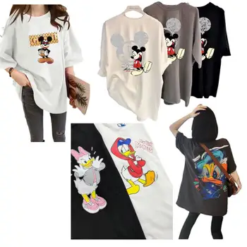 Vara Noi Kawaii Disney Mickey, Minnie, Donald Duck, Daisy Duck Alba Ca Zapada Desene Animate Drăguț Model Anime De Mari Dimensiuni De Imprimare T-Shirt