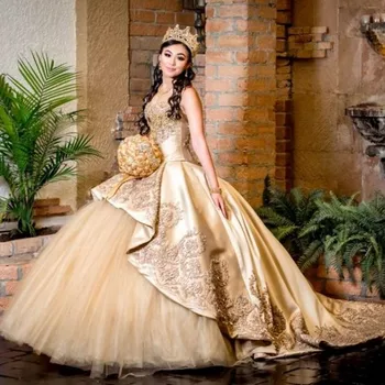 vestido de 15 anos Aur Quinceanera Rochii Dantela Aplicatiile de Margele Dulce 16 Rochie Dragă Pageant Rochii de Matura-Tren