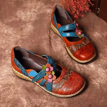Vintage Florale Din Piele Despicare Colorate De Cusut Cu Cârlig Buclă Plat Pantofi De Primăvară-Vară Casual Pentru Femei Pantofi Plat Noi