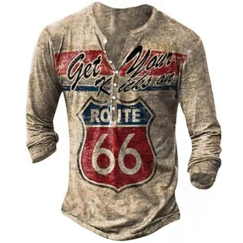 Vintage pentru Bărbați T-shirt-uri Cu Butoane de Primavara-Vara Cotton V-Neck Maneca Lunga Route 66, Scrisoare de Imprimare Supradimensionate Tricouri Pentru Bărbați