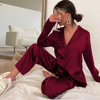 XIKUO Primăvara anului 2022 Set de Pijamale Femei 2 Piese Sexy Acasă Costum din Satin cu Maneci Lungi Pantaloni Satin Fabrica de en-Gros