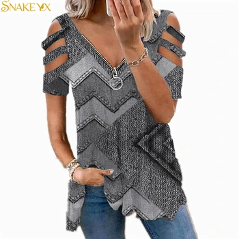 ȘARPE YX Femeie Tricouri Femei Val Geometrice Imprimate Maneci Scurte cu Fermoar V-neck Top de Moda Plus Grafic Supradimensionat Tricou